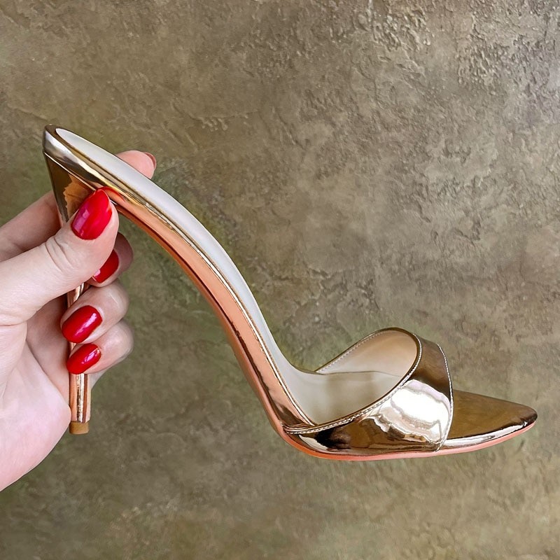 Onlymaker Women's Peep Toe Mules Gold Slip On Thin High Sandals Big Size Classic Fashion Lady Sandals