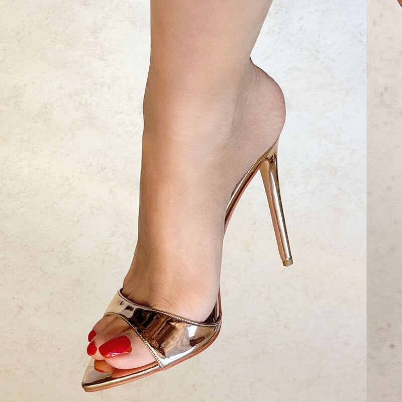 Onlymaker Women's Peep Toe Mules Gold Slip On Thin High Sandals Big Size Classic Fashion Lady Sandals