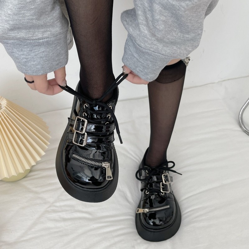 Women Uniform Shoes Leather Shoes Womens British Girl Japanese Wild Black Retro Mary Jane Shoes Lolita Platform Lace Up Shoes