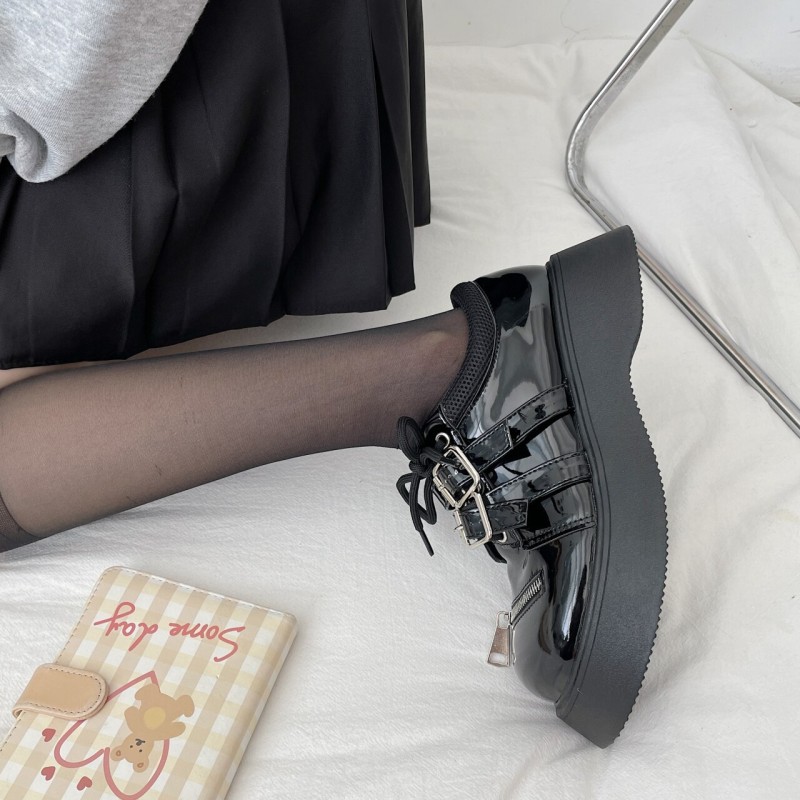 Women Uniform Shoes Leather Shoes Womens British Girl Japanese Wild Black Retro Mary Jane Shoes Lolita Platform Lace Up Shoes