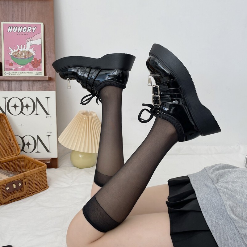 Women Uniform Shoes Leather Shoes Womens British Girl Japanese Wild Black Retro Mary Jane Shoes Lolita Platform Lace Up Shoes