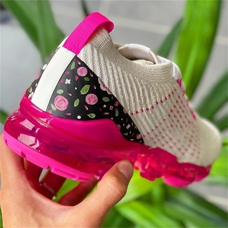 2022 New Sneakers Women Spring Fashion Knitted Fabric Floral Lace Up Ladies Casual Shoes Larged-Size Flats Running Sport Shoes