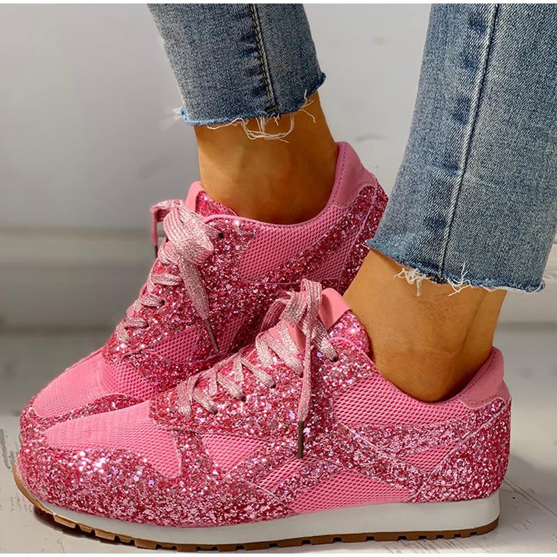 Women Flat Glitter Sneakers Casual Female Mesh Lace Up Bling Platform Comfortable Plus Size Vulcanized Shoes 2019 Soft Knitting