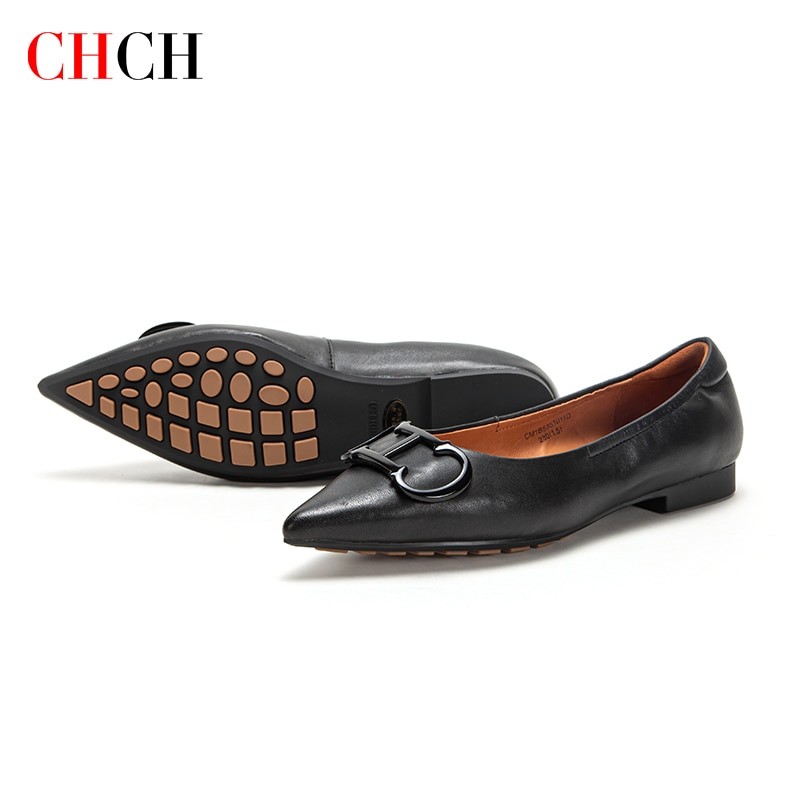 CHCH Women Leather Shoes Loafers Calfskin Pointed Toe Classical Slip-On with Buckles Dress Shoes for Women Flat shoes Red girls