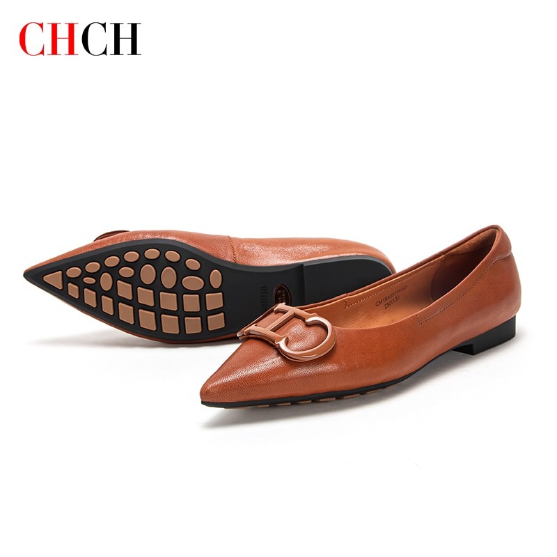 CHCH Women Leather Shoes Loafers Calfskin Pointed Toe Classical Slip-On with Buckles Dress Shoes for Women Flat shoes Red girls