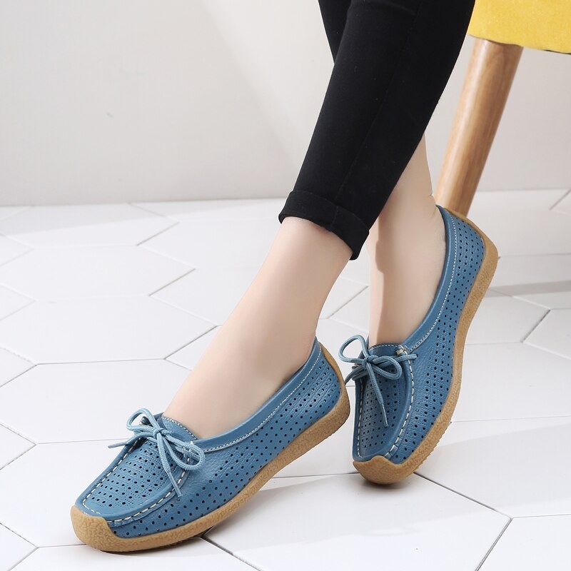 2023 New Women Shoes Moccasins Women Flats Loafers Genuine Leather Female Shoes Slip on Ballet Bowtie Ladies Women's Shoes