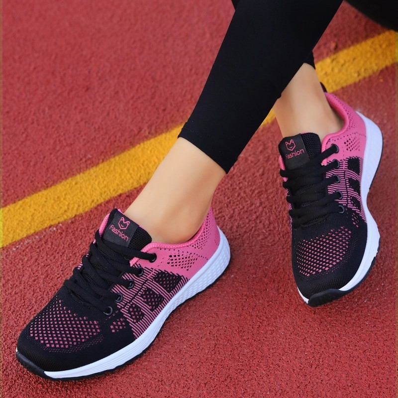 Women Casual Shoes Breathable Walking Mesh Lace Up Flat Shoes Sneakers Women Tenis Feminino Pink Black White
