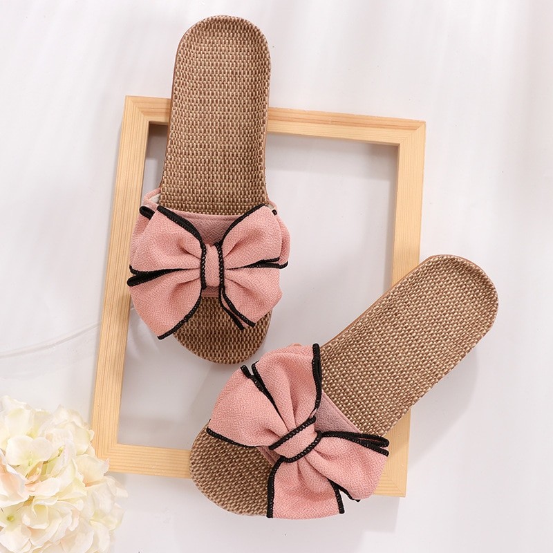 Mntrerm 2022 New Casual Sneakers For Home Slippers Summer Bow-knot Soft Floor Woman Indoor Flats Shoes Cute Linen Slipper Terlik