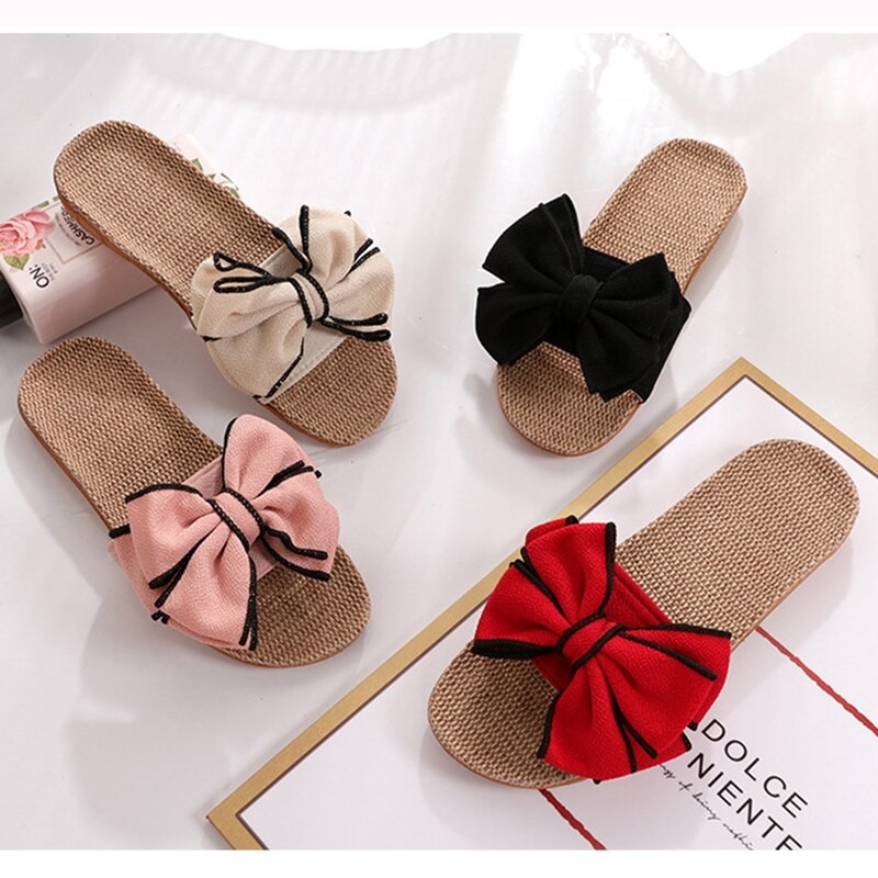 Mntrerm 2022 New Casual Sneakers For Home Slippers Summer Bow-knot Soft Floor Woman Indoor Flats Shoes Cute Linen Slipper Terlik