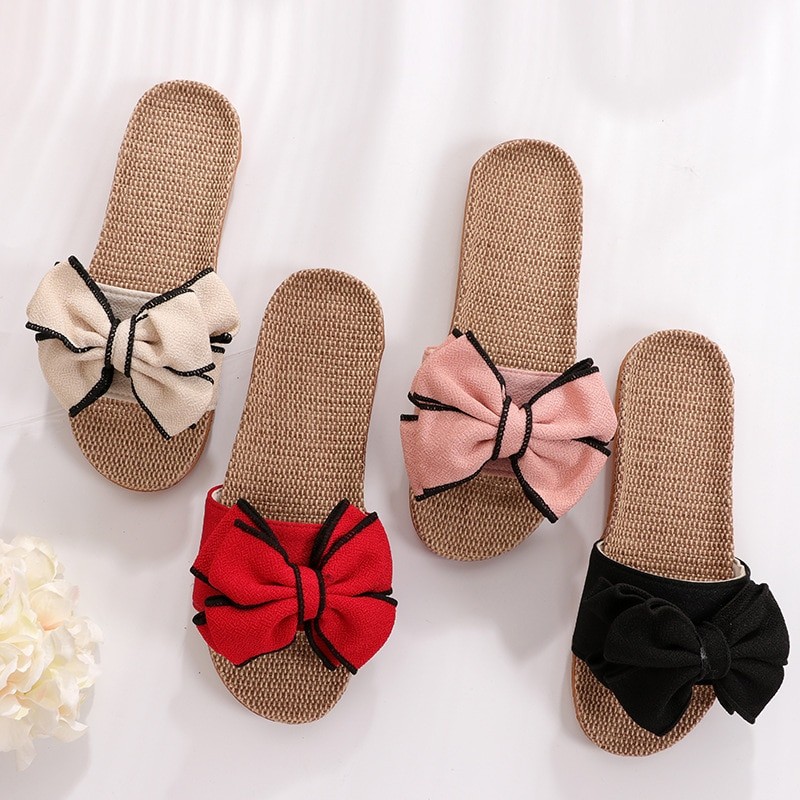 Mntrerm 2022 New Casual Sneakers For Home Slippers Summer Bow-knot Soft Floor Woman Indoor Flats Shoes Cute Linen Slipper Terlik