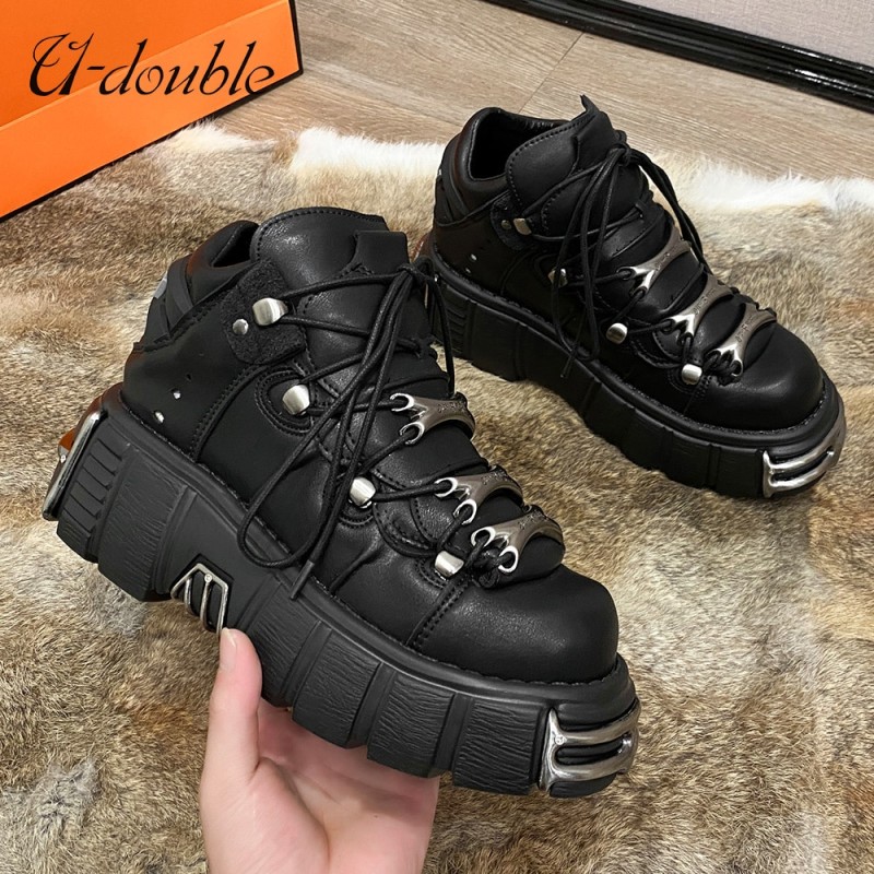 2023 New Brand Punk Style Women Shoes Lace-up heel height 6CM Platform Shoes Woman Rock Boots Metal Decor Woman Sneakers