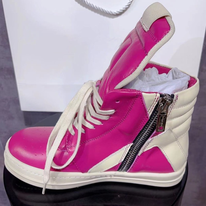 Rosy Red Women Ankle Boots Genuine Leather Fashion High-top Sneakers Trend Young Girl Footwear Big Size Women Flat Shoes