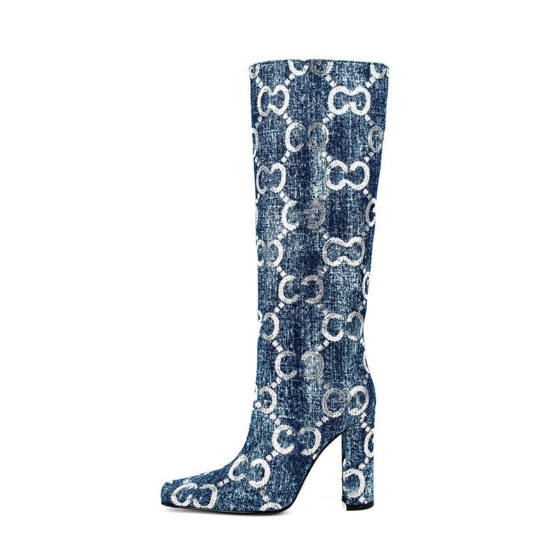 Autumn and Winter Women's New Brand Knee Length Women's Boots Fashion Sequins Denim Square Head Thick High Heel Boots