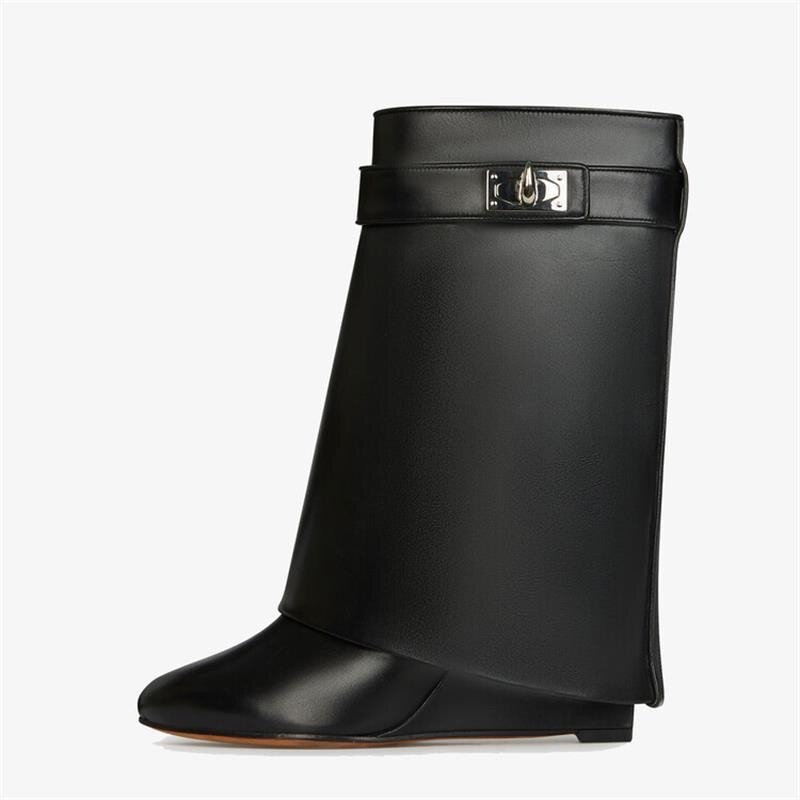 Women's new locking design in the winter of 2022 Women's calf boots leather surface Women's wedge