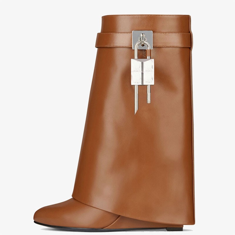 Women's new locking design in the winter of 2022 Women's calf boots leather surface Women's wedge