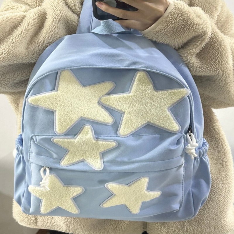 Aboutlee Star Pattern Patch Student Shoulder Bag Y2k  Retro Casual Style Solid Color Square Bag Lightweight Backback School Bags
