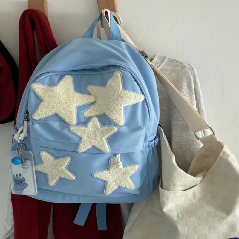 Aboutlee Star Pattern Patch Student Shoulder Bag Y2k  Retro Casual Style Solid Color Square Bag Lightweight Backback School Bags