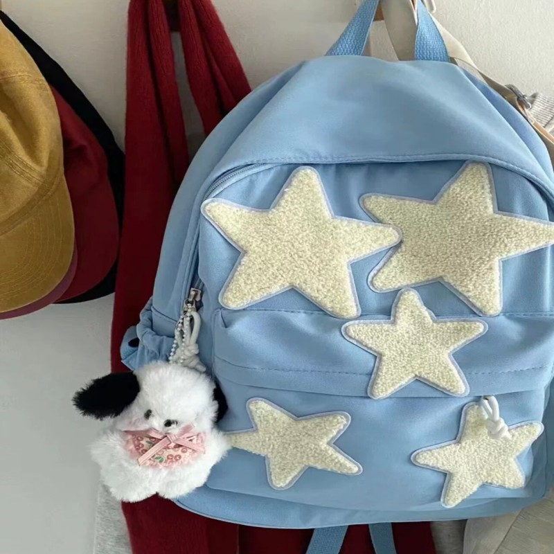 Aboutlee Star Pattern Patch Student Shoulder Bag Y2k  Retro Casual Style Solid Color Square Bag Lightweight Backback School Bags