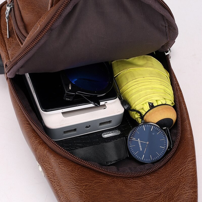 2022 New Crossbody Chest Bags Men USB Charging Headphone Plug Waist Bags PU Leather and Canvas Shoulder Bag Boy Diagonal Package