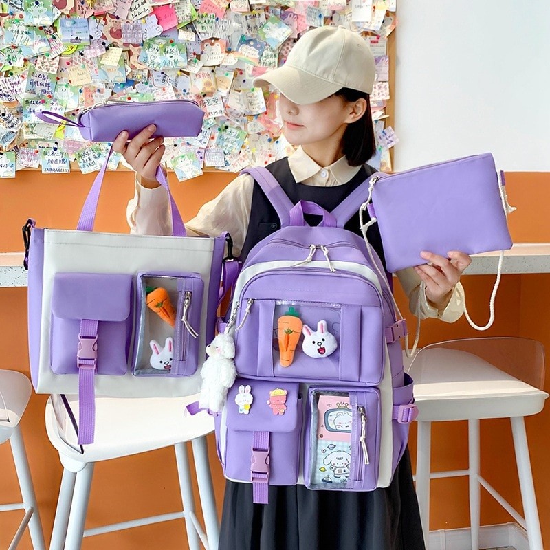 Qyahlybz kawaii girls school bag female ins backpack 4 piece set large capacity high school campus backpacks for students