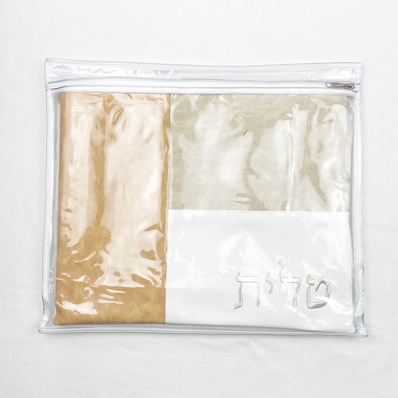 Tallit &amp; Tefillin Bag Set for Jewish Prayer Shawl Zippered Embroidered Faux Leather Include PVC Protection Plastic Cover