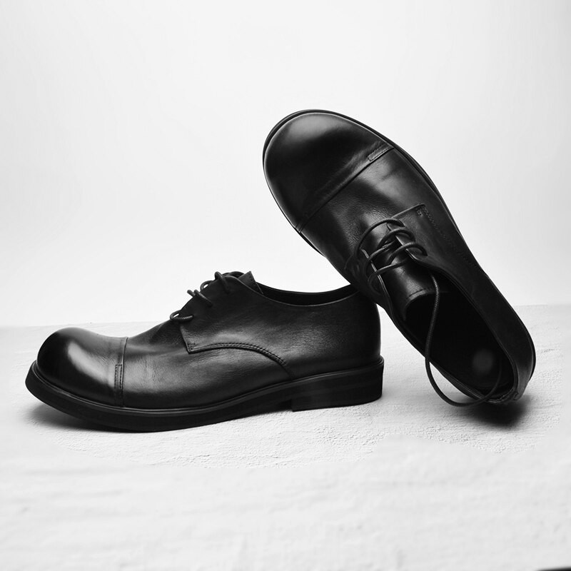 Genuine Leather Low Help Men's Big Scalp Shoes Round Head Thick Bottom Soft Leather Retro Shoes Men Hairdresser Designer