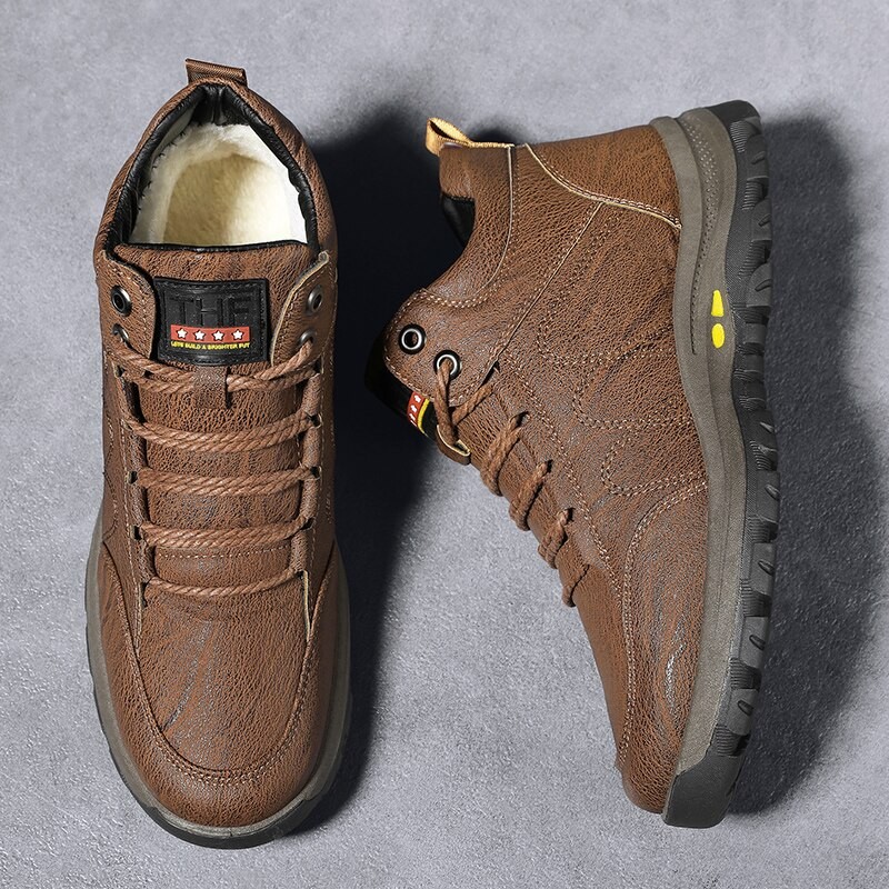 Men Winter Leather Boots Warm Fur Snow Boots Men Outdoor Waterproof Work Safety Hiking Shoes Military Combat Rubber Ankle Boots