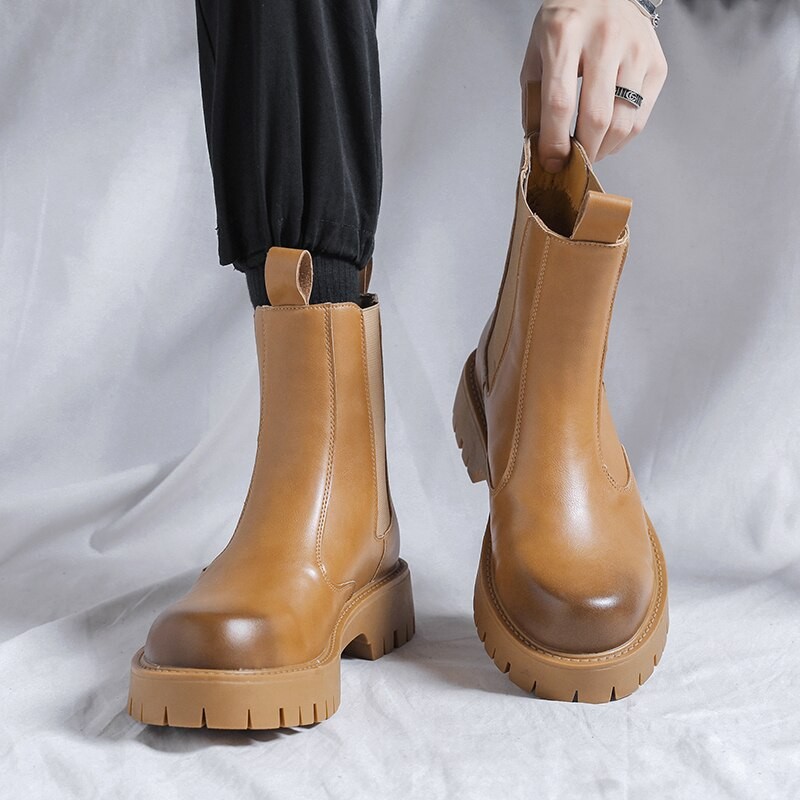 Men Chelsea Boots Mens Platform Ankle Split Leather Boots Male Thick Bottom Motorcycle Fashion Boots 2023 Chunky Casual Shoes