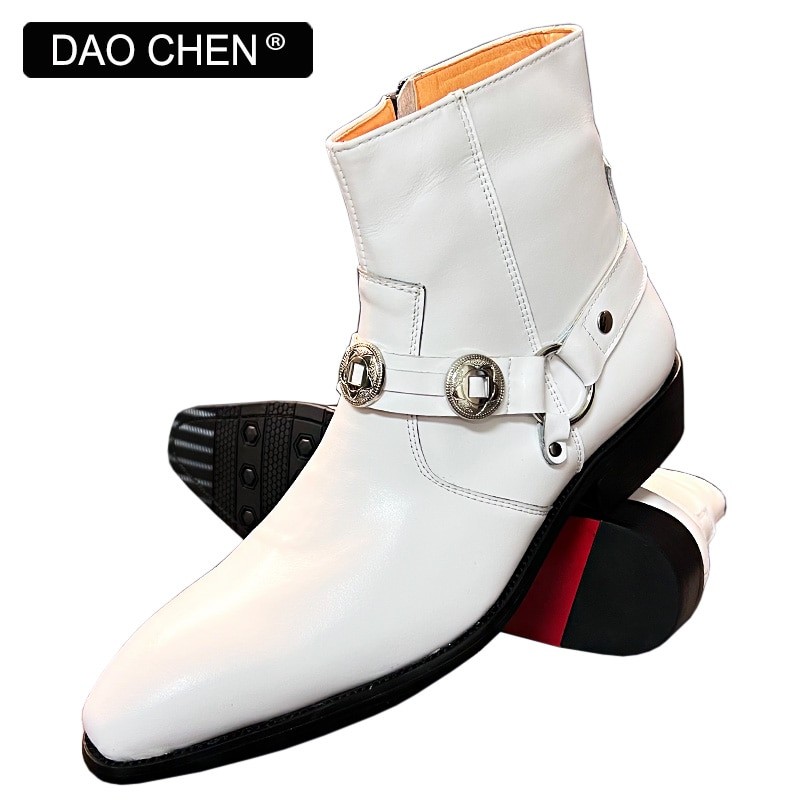 LUXURY BRAND MEN'S BOOTS SHOES ZIPPER MOTORBIKE BOOTS SLIP ON ElEGANT CASUAL SHOES BLACK WHITE LEATHER MAN BOOTS SHOES FOR MEN
