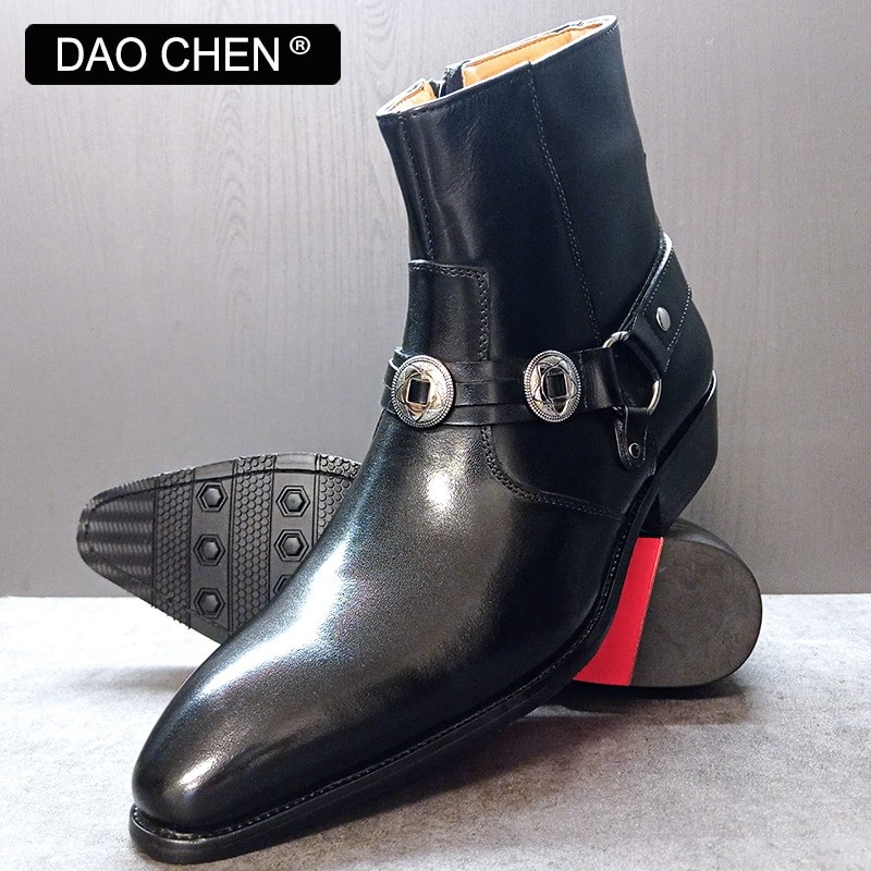 LUXURY BRAND MEN'S BOOTS SHOES ZIPPER MOTORBIKE BOOTS SLIP ON ElEGANT CASUAL SHOES BLACK WHITE LEATHER MAN BOOTS SHOES FOR MEN