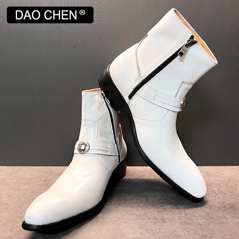 LUXURY BRAND MEN'S BOOTS SHOES ZIPPER MOTORBIKE BOOTS SLIP ON ElEGANT CASUAL SHOES BLACK WHITE LEATHER MAN BOOTS SHOES FOR MEN
