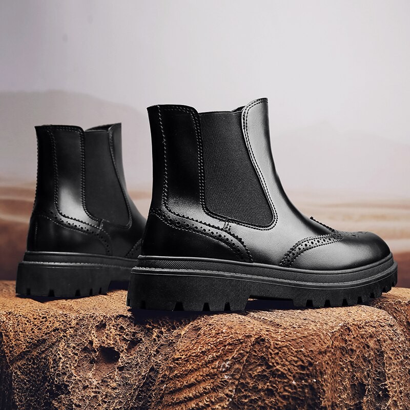 Men Chelsea Boots High-top Shoes Thick-soled Autumn Winter Tooling Medium-tube British Brogue Leather Shoes botas masculinas