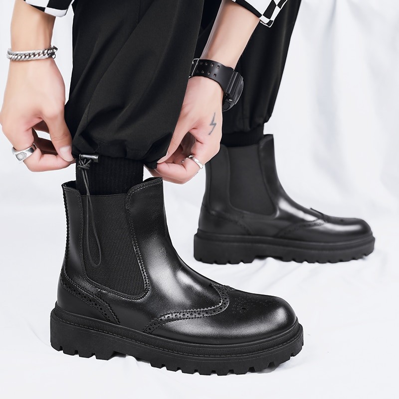 Men Chelsea Boots High-top Shoes Thick-soled Autumn Winter Tooling Medium-tube British Brogue Leather Shoes botas masculinas