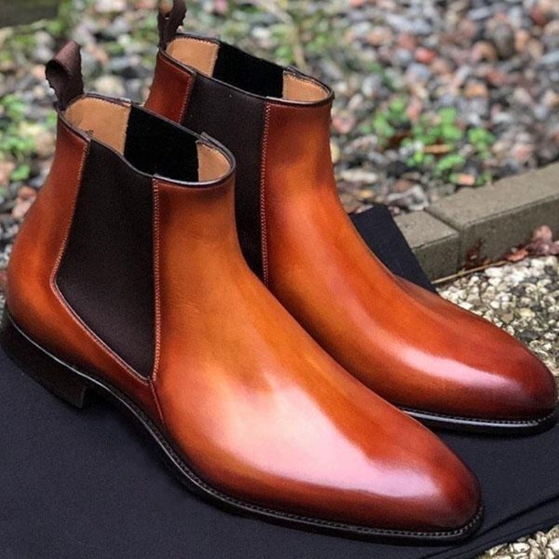 New Brown Chelsea Boots for Men Black Business Handmade Men's Short Boots Round Toe Slip-On Ankle Boots Free Shipping
