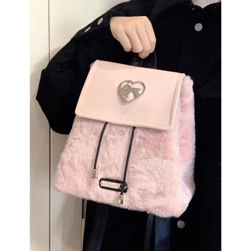 2022 New Plush Cute Fur Autumn Winter Korean Printed Backpack Advancedr Drawstring Girl Warm School Bag