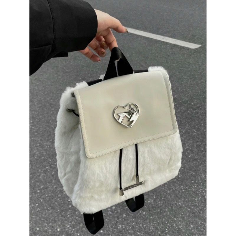 2022 New Plush Cute Fur Autumn Winter Korean Printed Backpack Advancedr Drawstring Girl Warm School Bag