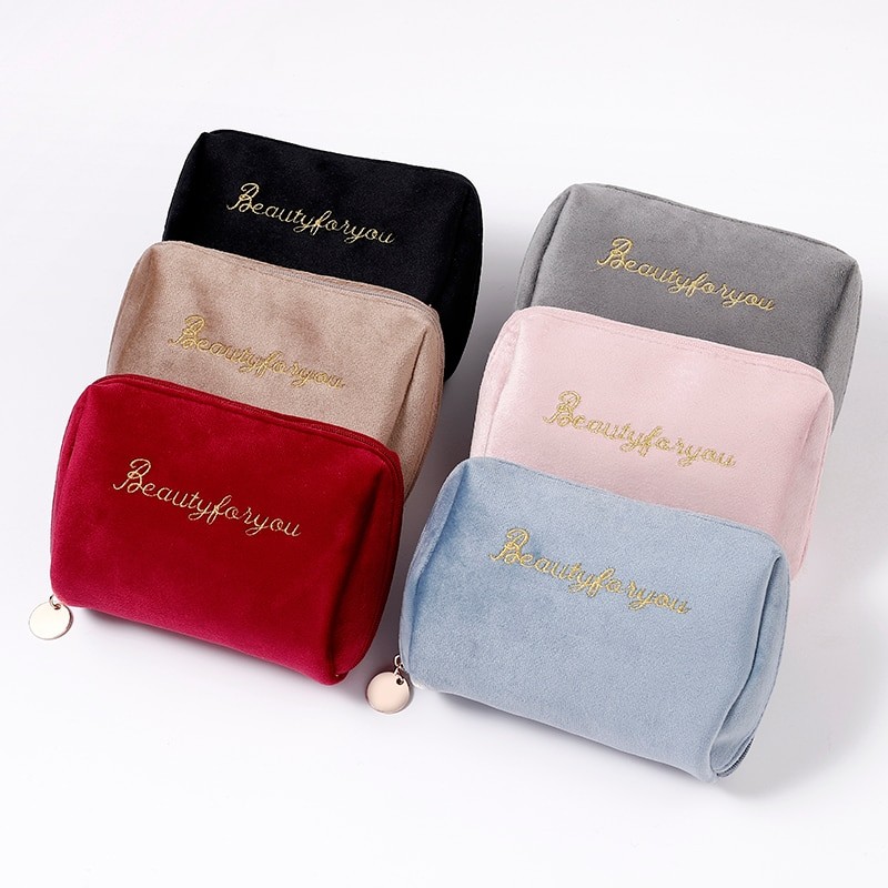 PURDORED 1 Pc Women Zipper Velvet Make Up Bag Travel Large Cosmetic Bag for Makeup Solid Color Female Make Up Pouch Necessaries
