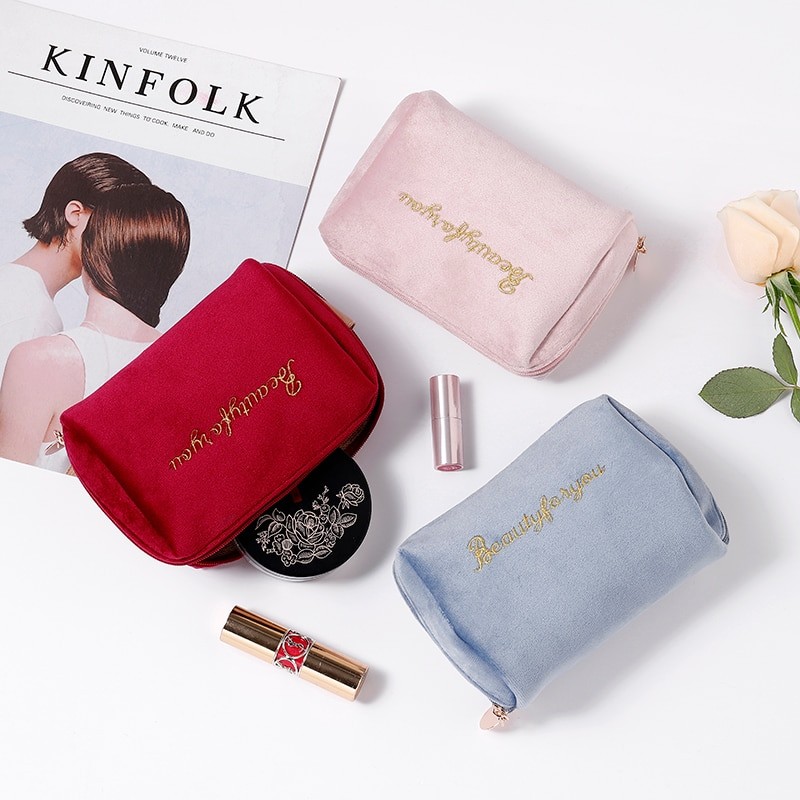PURDORED 1 Pc Women Zipper Velvet Make Up Bag Travel Large Cosmetic Bag for Makeup Solid Color Female Make Up Pouch Necessaries