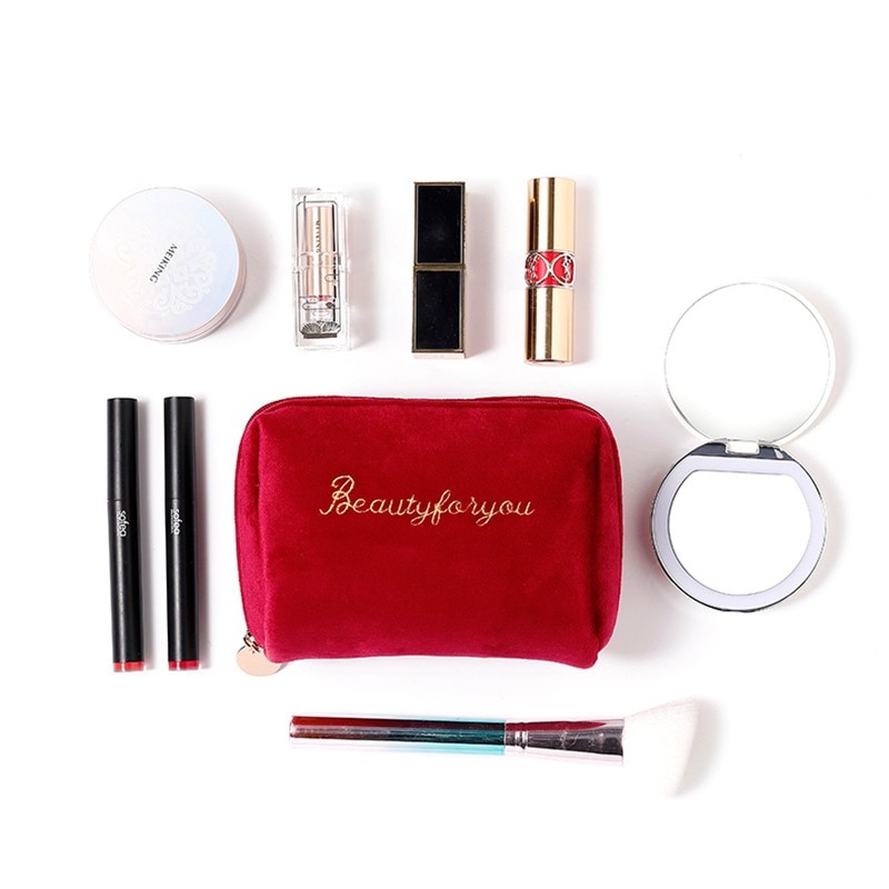 PURDORED 1 Pc Women Zipper Velvet Make Up Bag Travel Large Cosmetic Bag for Makeup Solid Color Female Make Up Pouch Necessaries