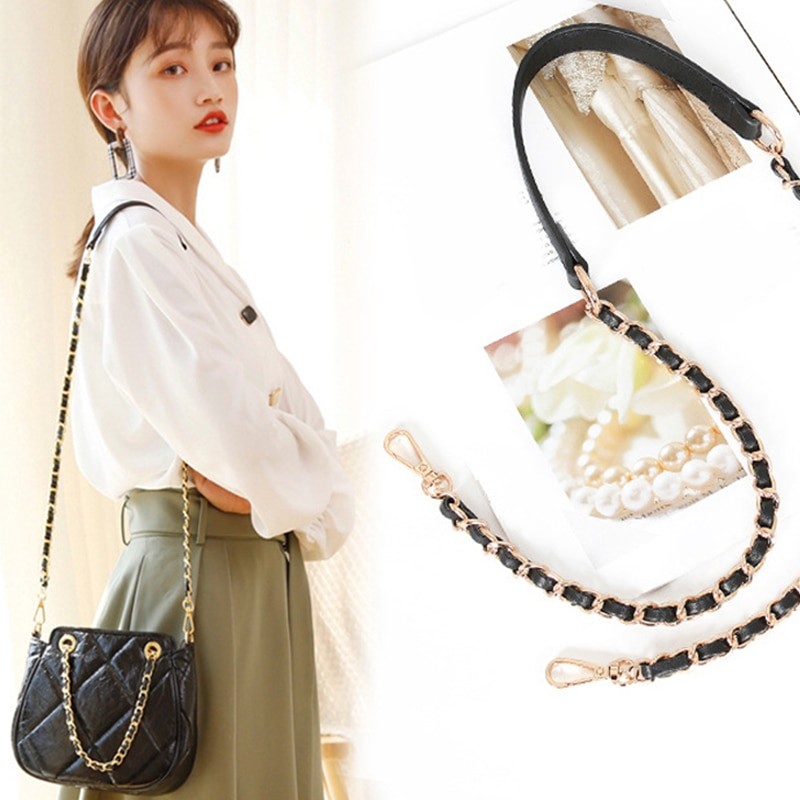 100/120cm Bag Metal Chain Leather Bag Strap Fashion Exquisite Black Leather Chain Shoulder Straps Hardware Bag Accessories