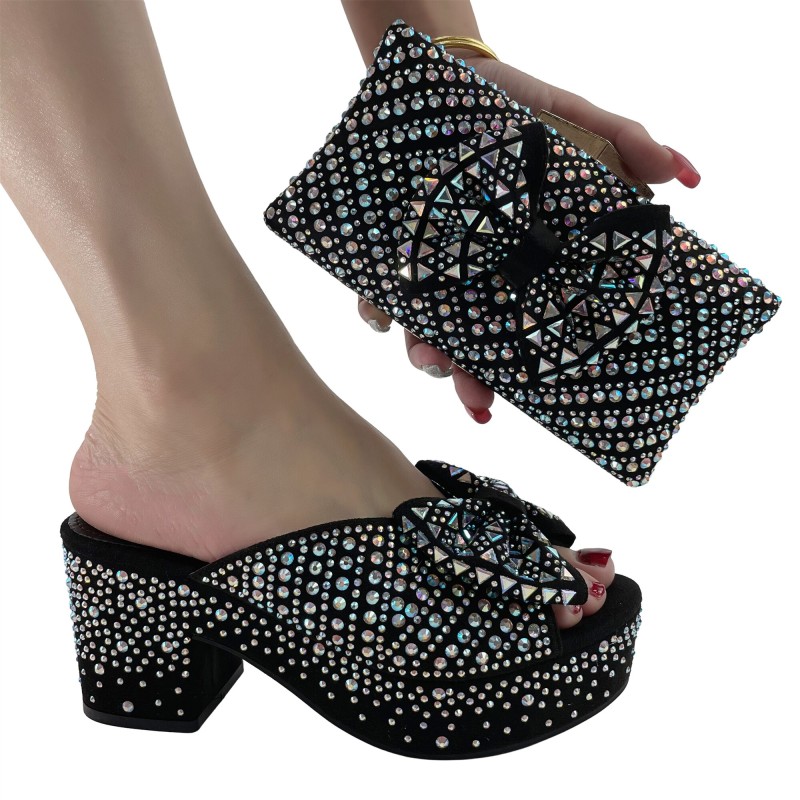 Starry Wedding Shoe with Bag Set Italian Designer Bling Bling Plus Size 41 42 Women High Sandals and Purse Set Lady Shoe Clutch