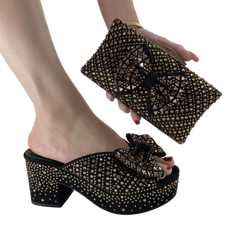 Starry Wedding Shoe with Bag Set Italian Designer Bling Bling Plus Size 41 42 Women High Sandals and Purse Set Lady Shoe Clutch