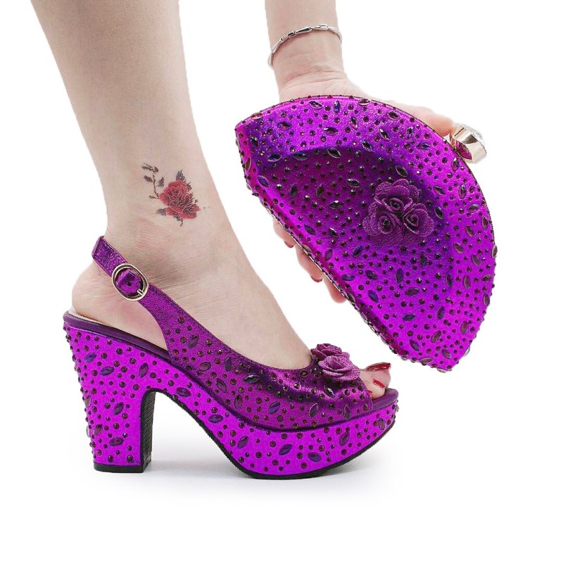 Starry Wedding Shoe with Bag Set Italian Designer Bling Bling Plus Size 41 42 Women High Sandals and Purse Set Lady Shoe Clutch