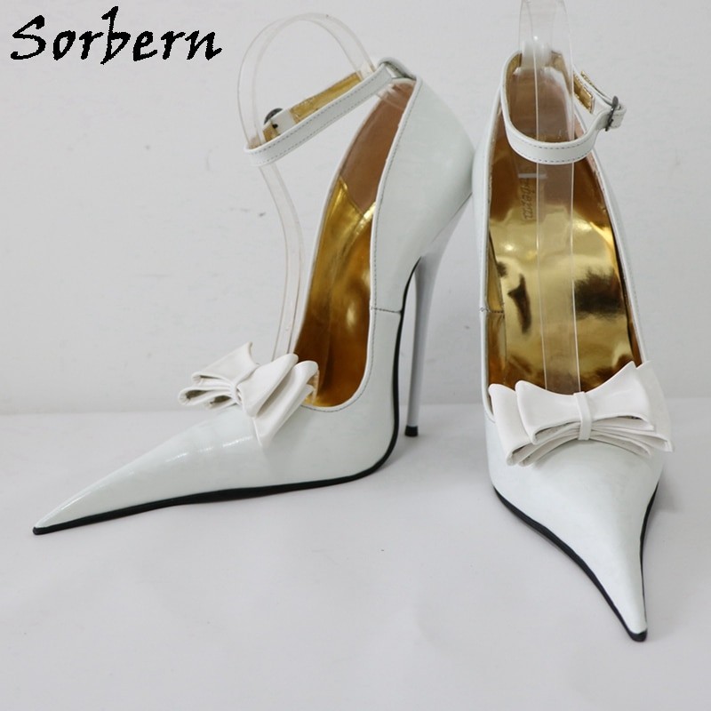 Sorbern White 16Cm Pump Women Bowknot Sissy Boy Crossdresser Stilettos High Heel Ankle Strap Shoes Custom Color