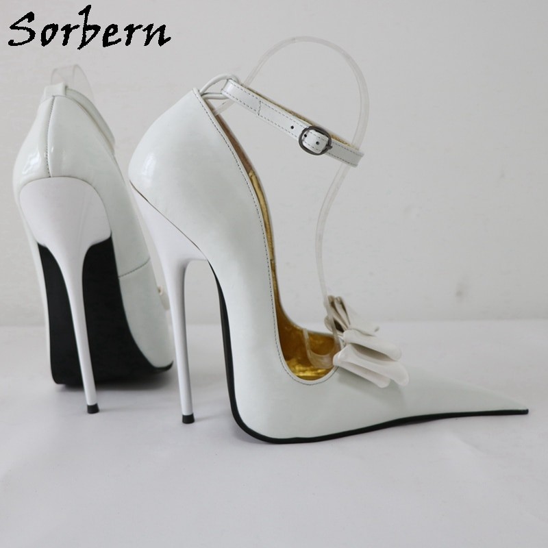 Sorbern White 16Cm Pump Women Bowknot Sissy Boy Crossdresser Stilettos High Heel Ankle Strap Shoes Custom Color