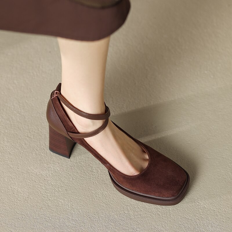 Spring women pumps natural leather 22-24.5cm cowhide+kids suede+pigskin full leather square toe Ankle buckle women shoes Fashion