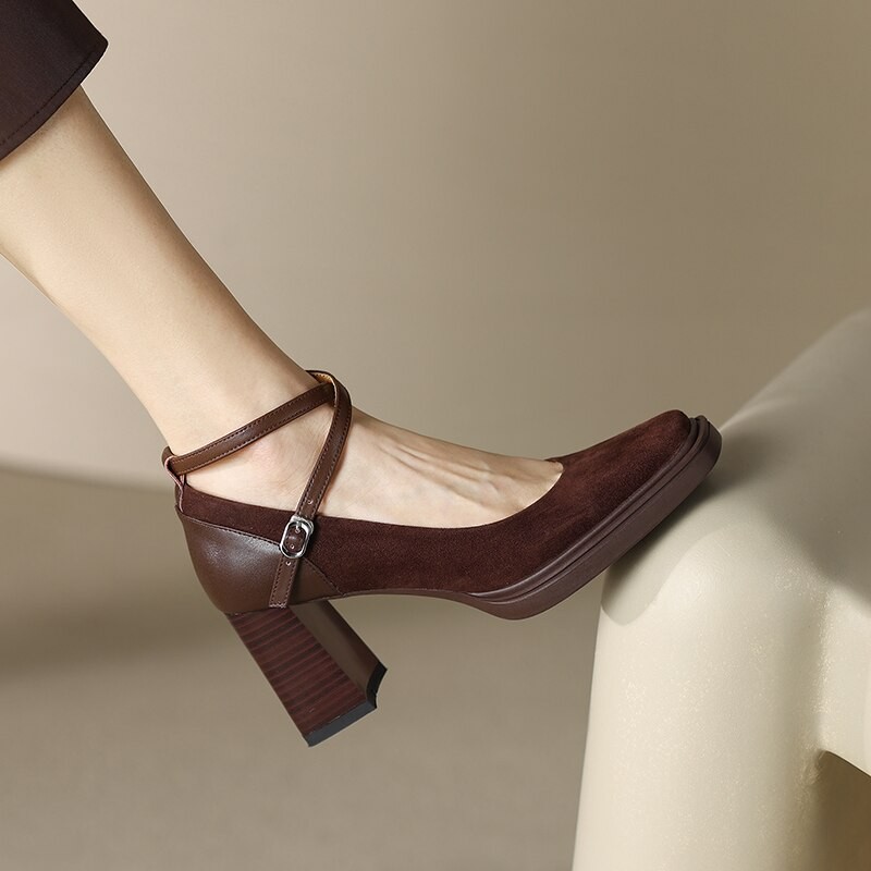 Spring women pumps natural leather 22-24.5cm cowhide+kids suede+pigskin full leather square toe Ankle buckle women shoes Fashion