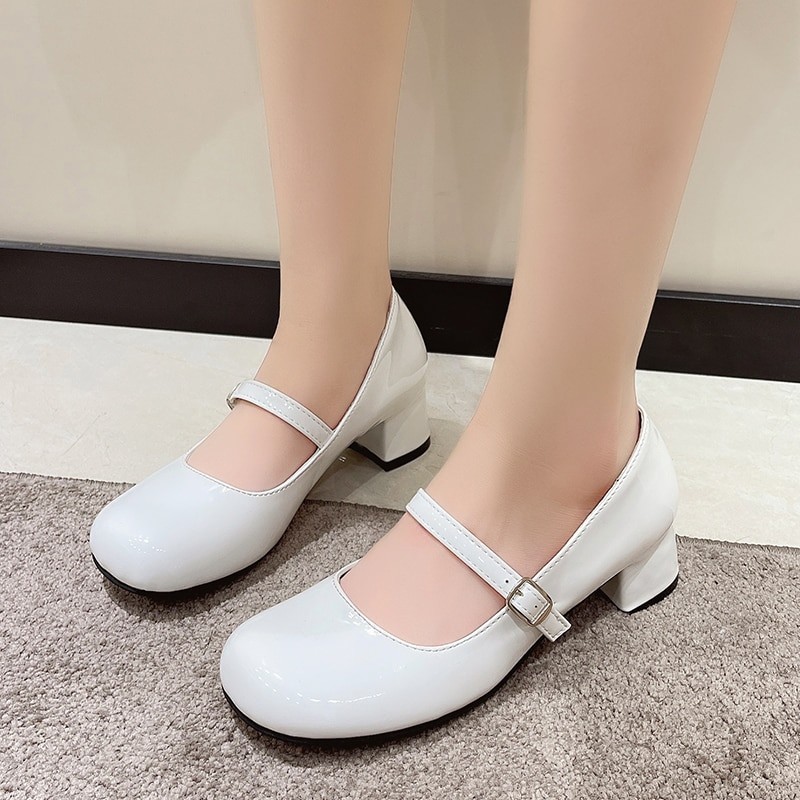 Meotina Women Shoes High Heels Mary Janes Shoes Patent Leather Thick Heel Pumps Buckle Round Toe Female Footwear White Red
