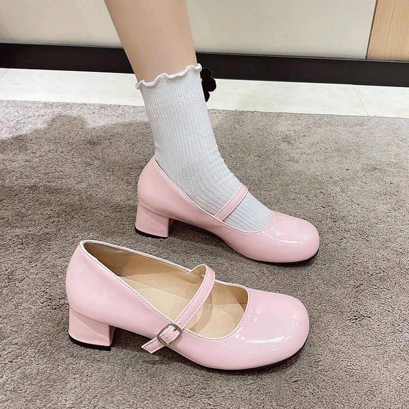 Meotina Women Shoes High Heels Mary Janes Shoes Patent Leather Thick Heel Pumps Buckle Round Toe Female Footwear White Red
