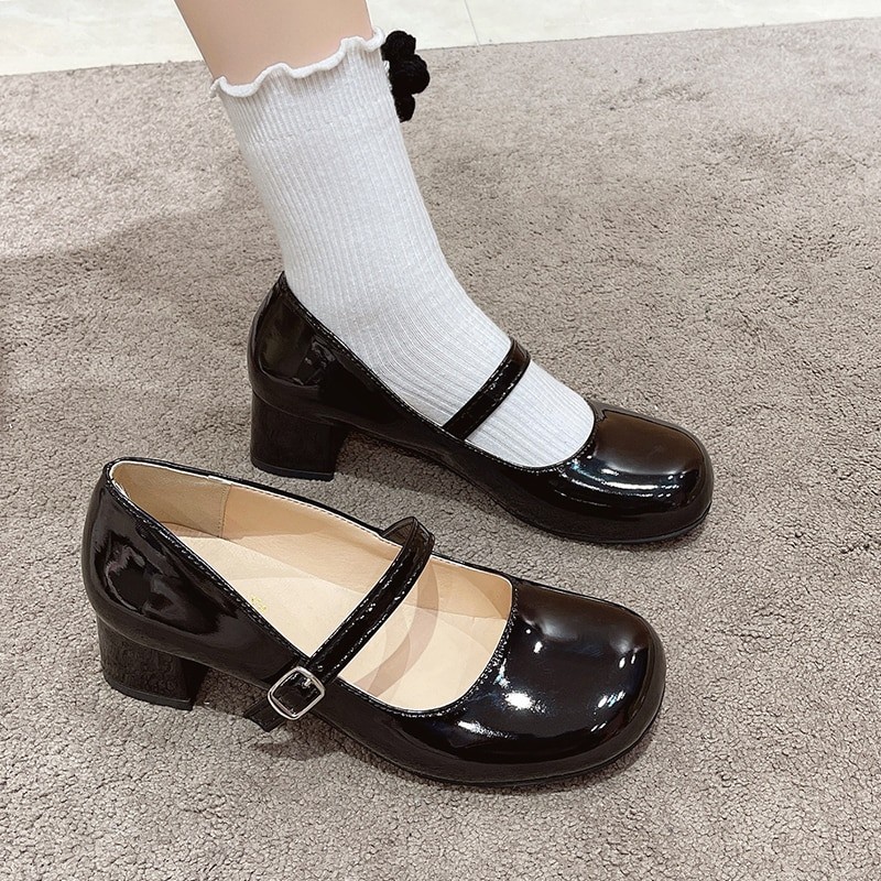 Meotina Women Shoes High Heels Mary Janes Shoes Patent Leather Thick Heel Pumps Buckle Round Toe Female Footwear White Red